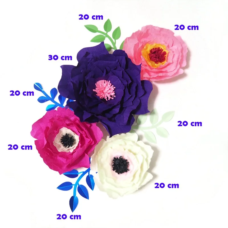 2018 Giant Crepe Paper Flowers Artificial Flores Artificiale 4PCS+ 4 Leaves For Wedding & Event Backdrop Baby Nursery Hot Mix