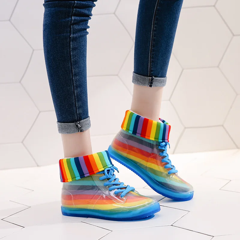 SWYIVY Rain Boots Women Ankle Boots 2019 Warm Female Boot Rainbow Jelly Shoes Waterproof Transparent Shoes Non-slip Gum\'d Boots