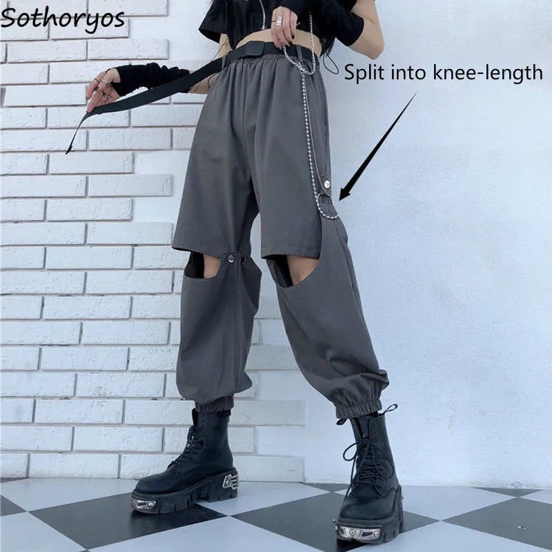 

Casual Pants Women Summer Cargo Loose Patchwork Elastic High Waist Shashes Streetwear Removable Bare-Knees Chic Design Trendy