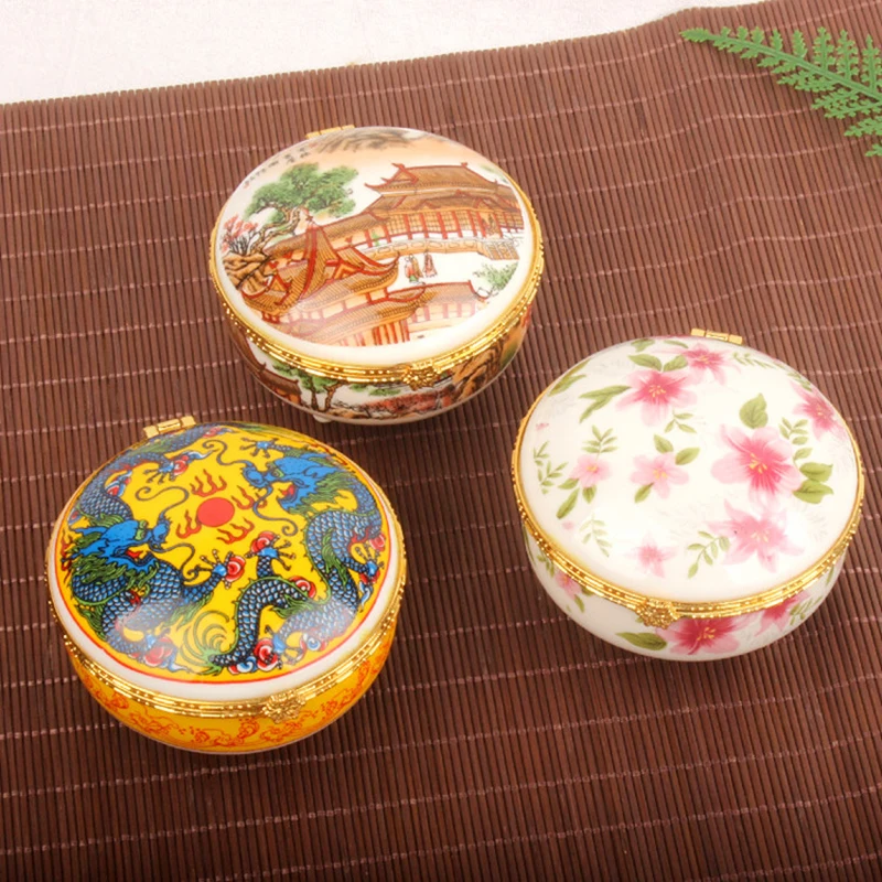 

Decorative Small Natural Porcelain Jewellery Gift Box Chinese style Round Ceramics Jewelry Makeup Packaging Cases Party Favor