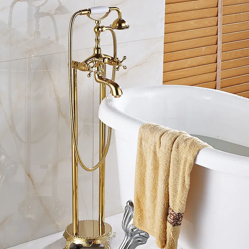 

Vidric Luxury Golden Bathroom Free Floor Stand Faucet Telephone Type Dual Handle Mixer Bath Shower Brass Shower Set Luxury Batht