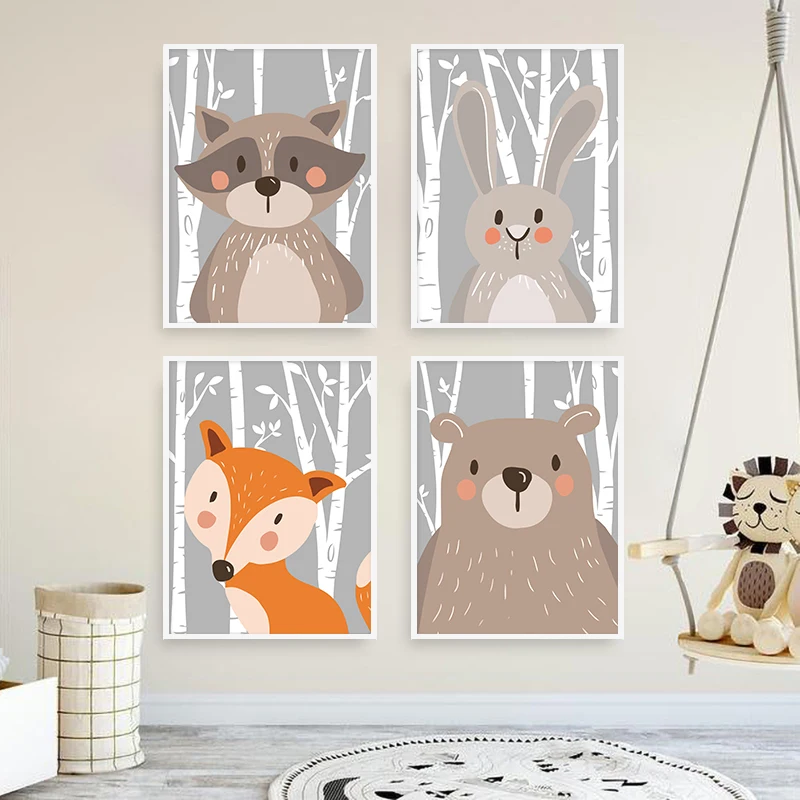 Waldtiere Poster Drucke Bär Kaninchen Fuchs Leinwand Malerei an der Wand für Kinder Schlafzimmer Kinderzimmer Kunst Bild Baby Zimmer Dekor