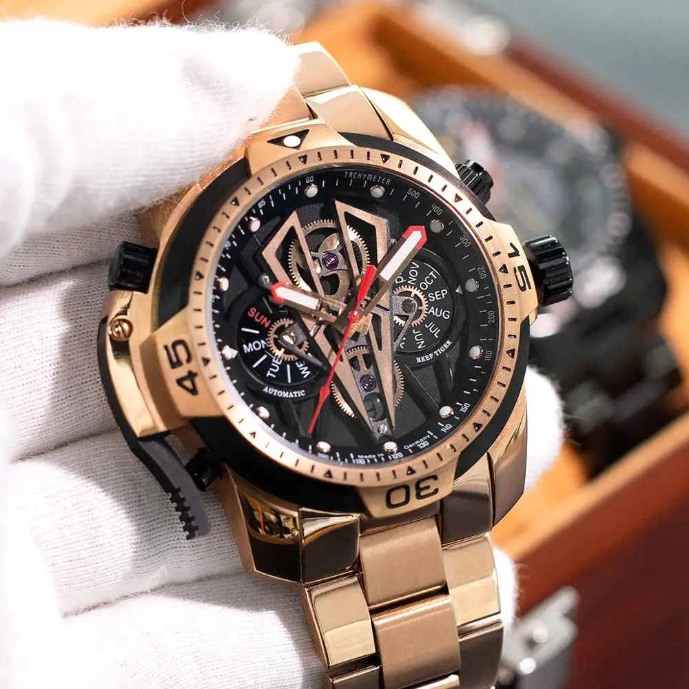 Reef Tiger/RT Top Brand Rose Gold Sport Automatic Stainless Steel Men Fashion Mechanical Bracelet Waterproof Watches RGA3591