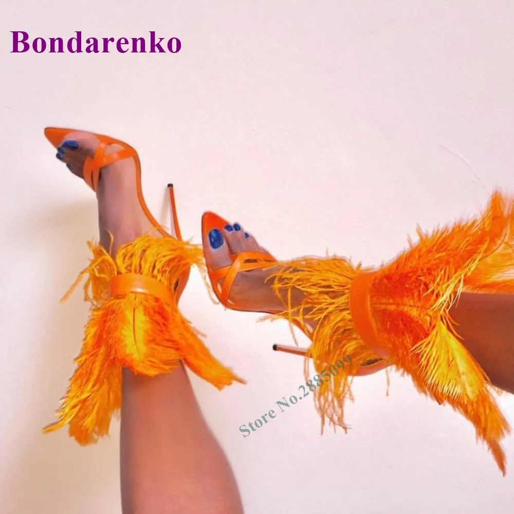 

Feather Solid Stiletto Heel Sandals Pointed Toe Ankle Buckle Sexy Fashion Women Summer Party Dress Sandals Black White Orange