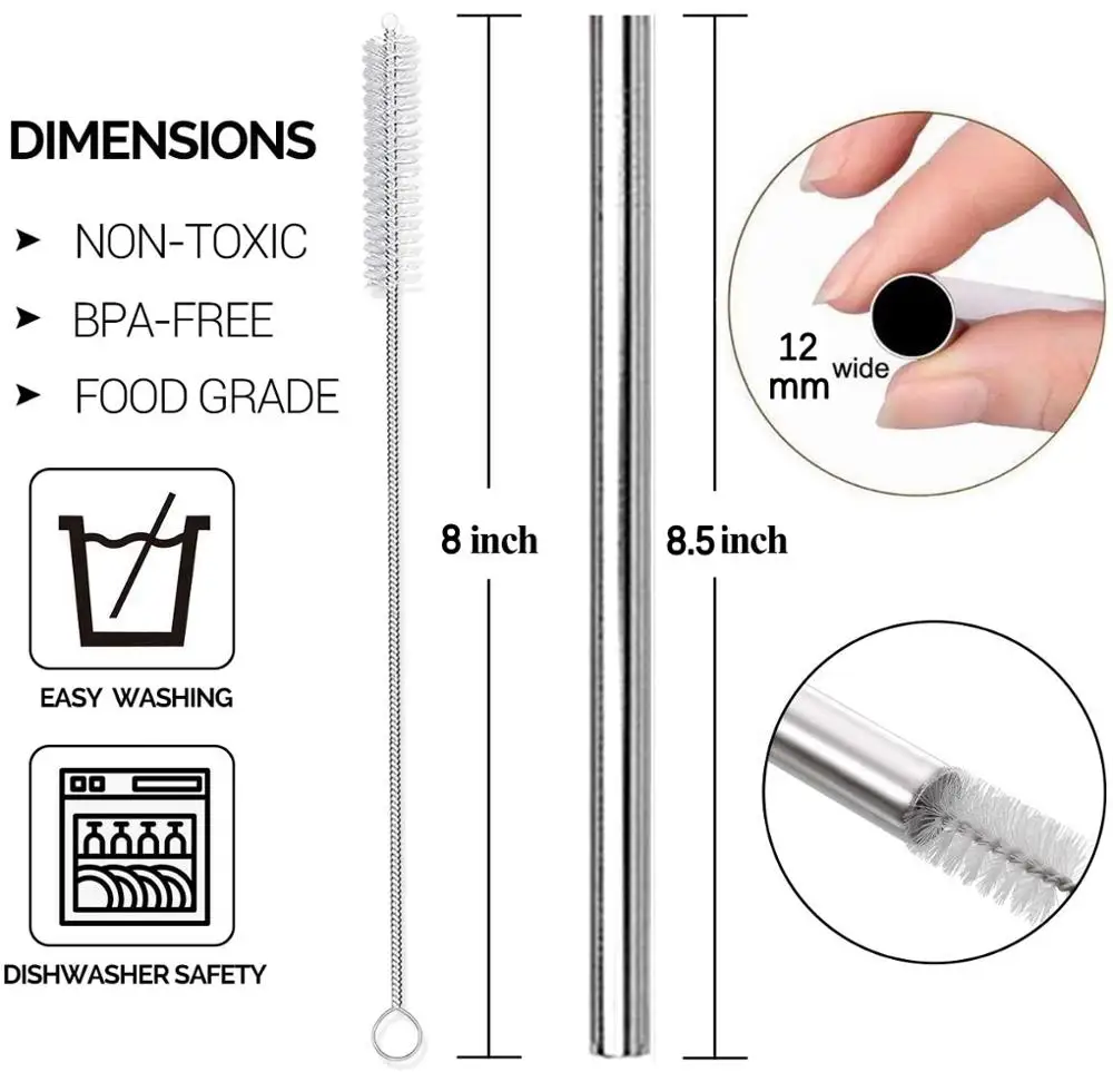 4Pcs 8.5inch Smoothie Straw Reusable Metal Straw 304 Stainless Steel Drinking Straws Set Bar Boba Bubble Tea Milkshake Straws