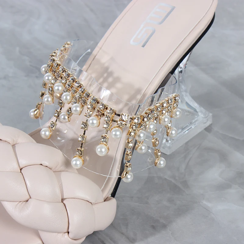 Women\'s Sandals Summer New Products Fashion Chain Pearl PU Handwoven High Heel Women Sandals Party Wedding Shoes 7.5CM