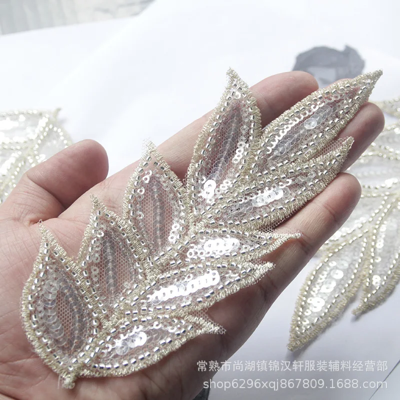 2Pcs Champange White Thread Clear Sequins Lace Applique Mesh Yarn Lace Flower Embroidery Applique silver color 17.5X7.5cm