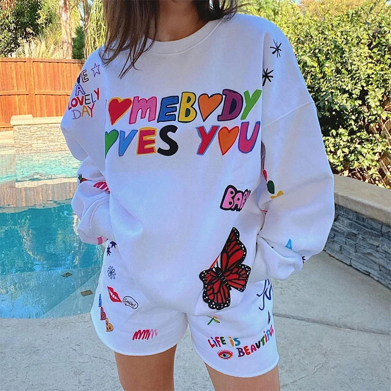 2021 Autumn Letter Printed Hoodies Tops Long Sleeve O-neck Pullover Sweatshirts Women Oversized Hoodies for Women Vamos Todos