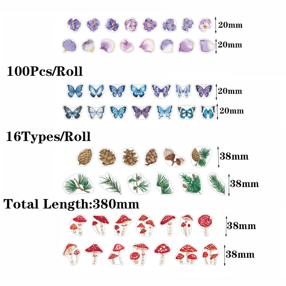 100PCs/Roll Masking Washi Tape Mushroom Butterfly Flower Adhesive Tape Stationery Decoration DIY Scrapbooking Sticker Label