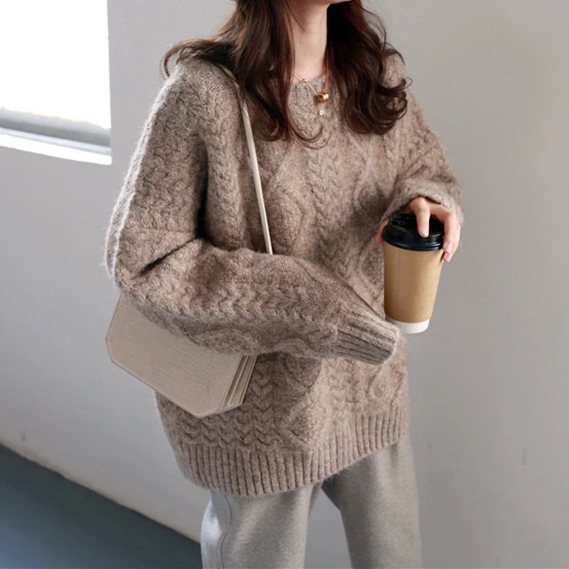 

2021 Autumn Winter Sweater Women Knitted Fashion Loose Casual Thck Sweaters Solid Color Long Sleeve Warm Ladies Pullover