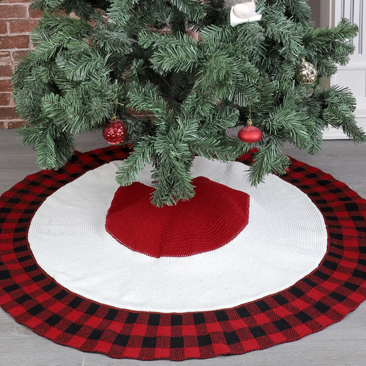 Plaid Christmas Tree Skirt Knitted Tree Base Cover Snowflake Mat New Year Ornaments Party Decoration Elk Print Xmas Tree Skirt