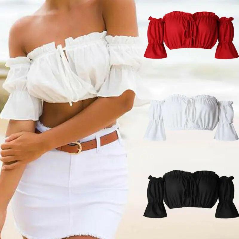 Summer 2019 Stylish Women Sexy Crop Tops Off Shoulder Solid Short Sleeve Crop Tops Bandeau Tops