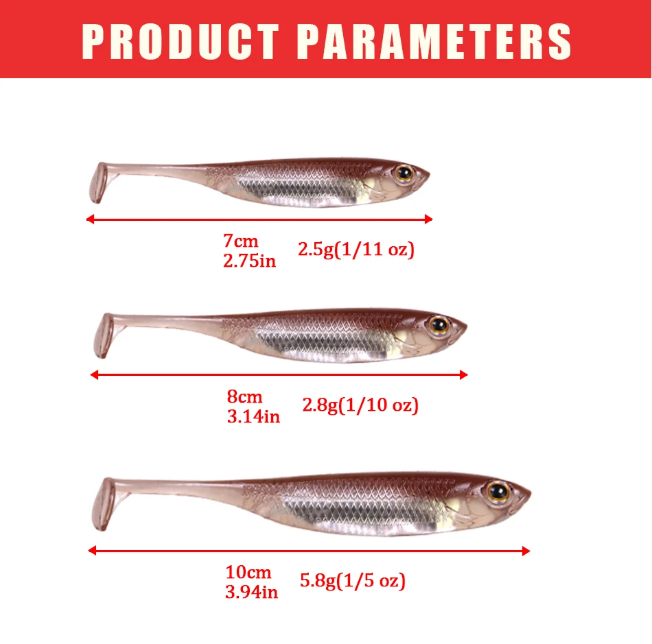 5/6 stücke Angeln Weichen Köder 70mm 80mm 100mm T Shad Angeln Weiche Köder Silikon Swimbaits künstliche Köder Wurm Für Bass Angeln – Detail 1