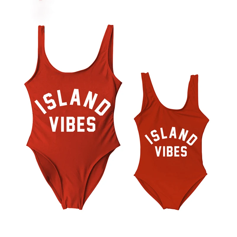 New Kid One-piece Swimsuit Parent-Child Swimwear Kids ISLAND VIBES Printed Swimsuit Girls\' One Piece Swimsuits Children