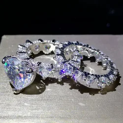 NEW Trend 925 Sterling Silver Double Finger Ring Woman Cubic Zirconia Promise Heart-shaped Wedding Anniversary Gift Jewelry