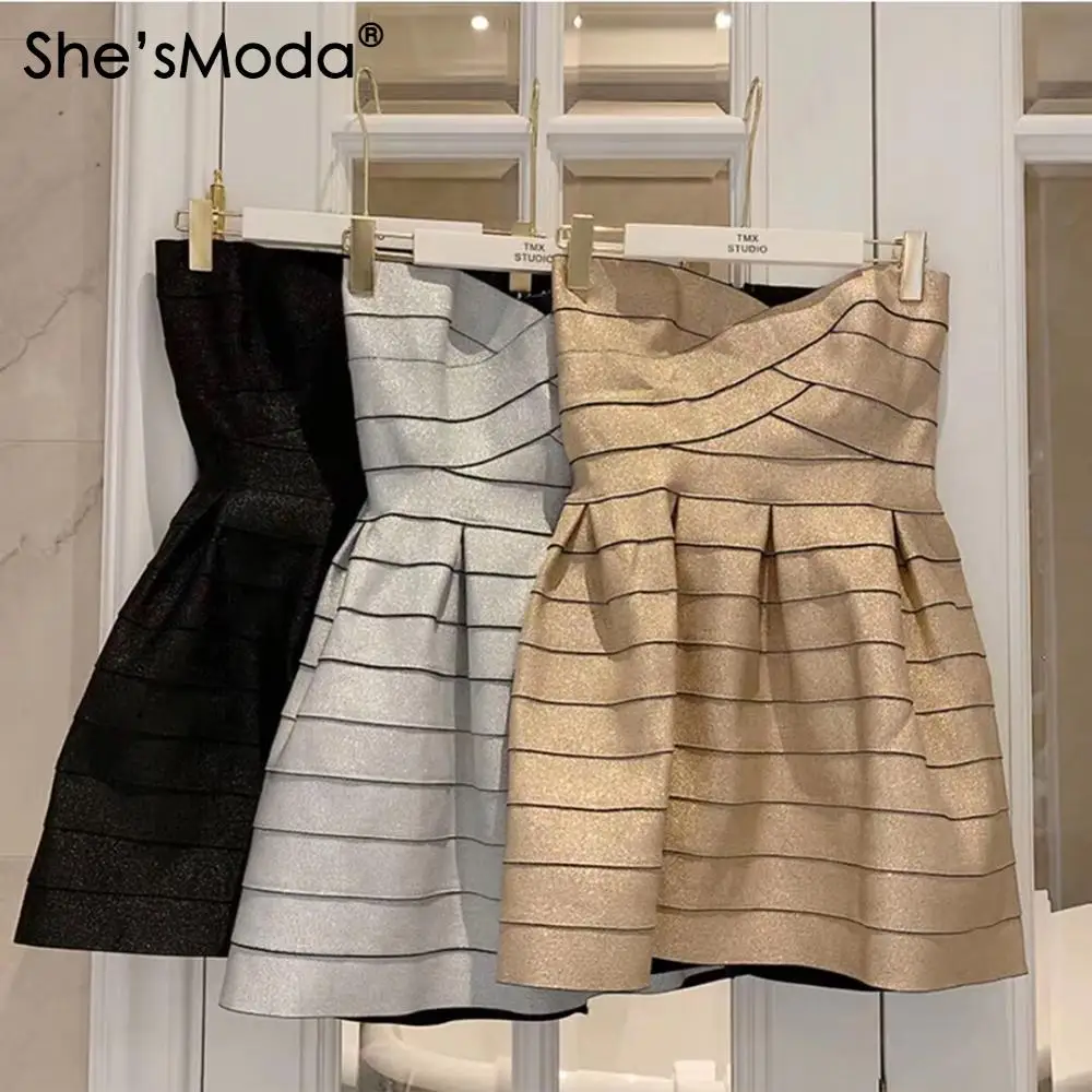 She'smoda 2020 novo luxo ouro bandagem envolvida peito feminino festa de casamento mini vestido