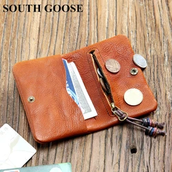 SOUTH GOOSE Genuine Leather Short Wallets For Men Women Coin Purses Card Holder Male Rrtro Handmade Wallet Lady Smart Money Bag