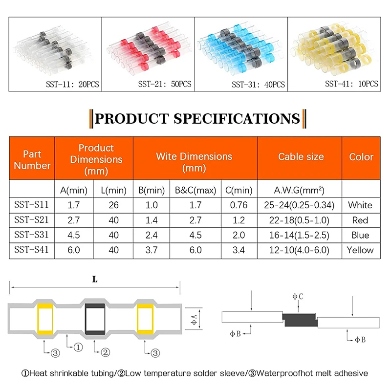 ELECTRAPICK 120pcs Solder Seal Wire Connector Heat Shrink Sleeves Electrical Wire Crimp Terminals Connectors Butt Splices