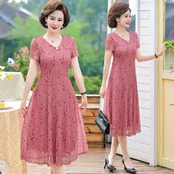 Women Summer Casual Chiffon Dress Ladies Middle-aged Print Short Sleeve Pleated Dresses Female Vintage V-neck Vestidos