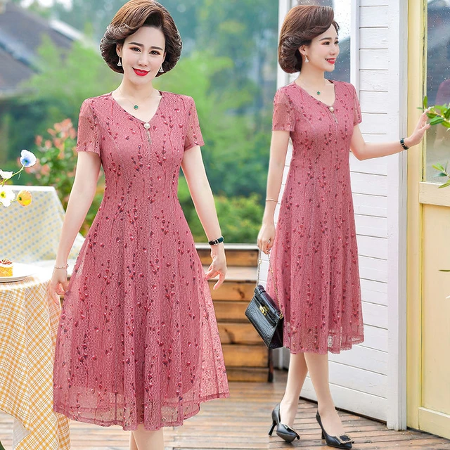 Women Summer Casual Chiffon Dress Ladies Middle-aged Print Short Sleeve  Pleated Dresses Female Vintage V-neck Vestidos - AliExpress