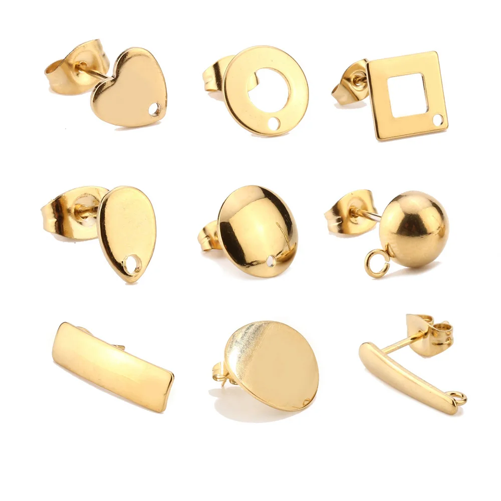 10pcs Stainless Steel Gold Ear Studs Findings Earring Post Components with Hole for DIY Drop Dangle Earring Making Anti-allergy