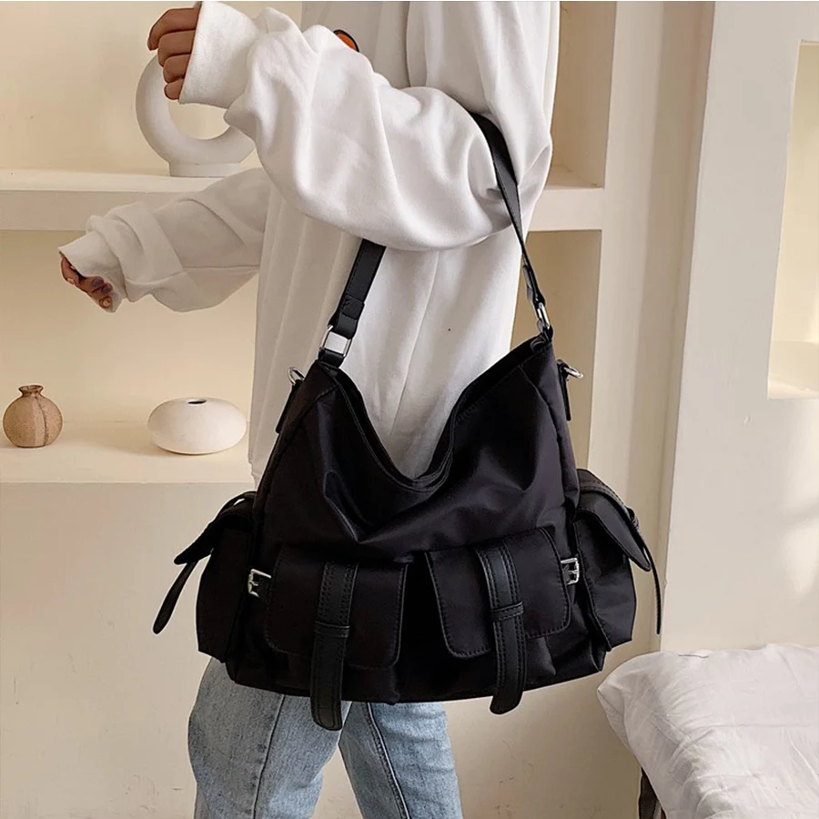 Bolsas de ombro grandes de nylon para mulheres, sacola casual, bolsas mensageiro de viagem, pretas, tendência, 2022