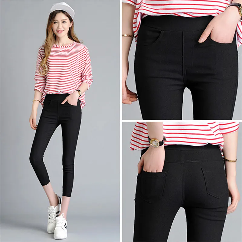 Women\'s Summer Black Leggings Slim Thin Stretch Trousers White Casual Capris Pencil Pants