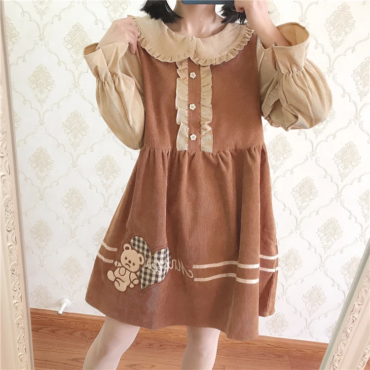 Lolita – robe japonaise douce pour filles sœurs, rétro ours brodé, mignon, col de poupée, manches longues, taille haute, style victorien, kawaii