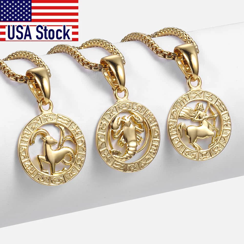 Hot Sale 12 Constellations Zodiac Sign Gold Color Pendant Necklace for Women Men Aries Leo 12 Horoscope Box Chain Drop Shipping