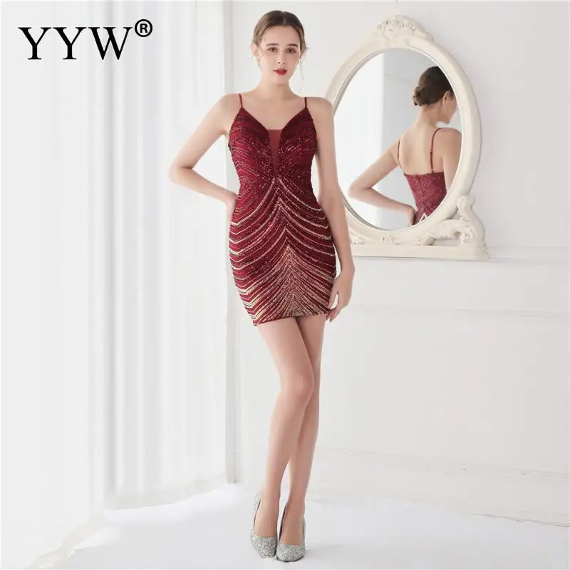 

Short Sequins Dress Red Evening Dress Summer Sleeveless Suspender A Line Knee Length Night Dress for 2023 Cocktail Party Dress