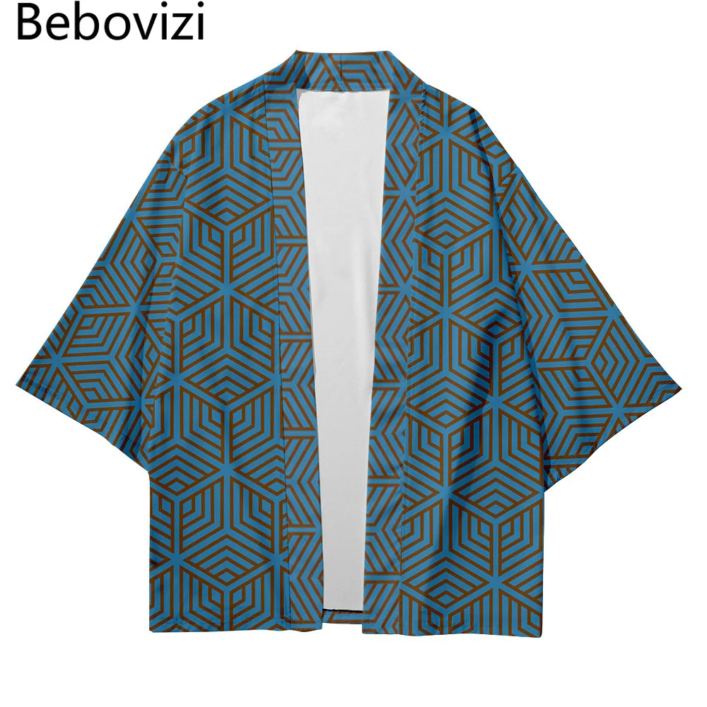 Streetwear mężczyźni kobiety sweter Haori Yukata topy szata ubrania Plus rozmiar moda geometryczne wzory plaża styl japoński Kimono