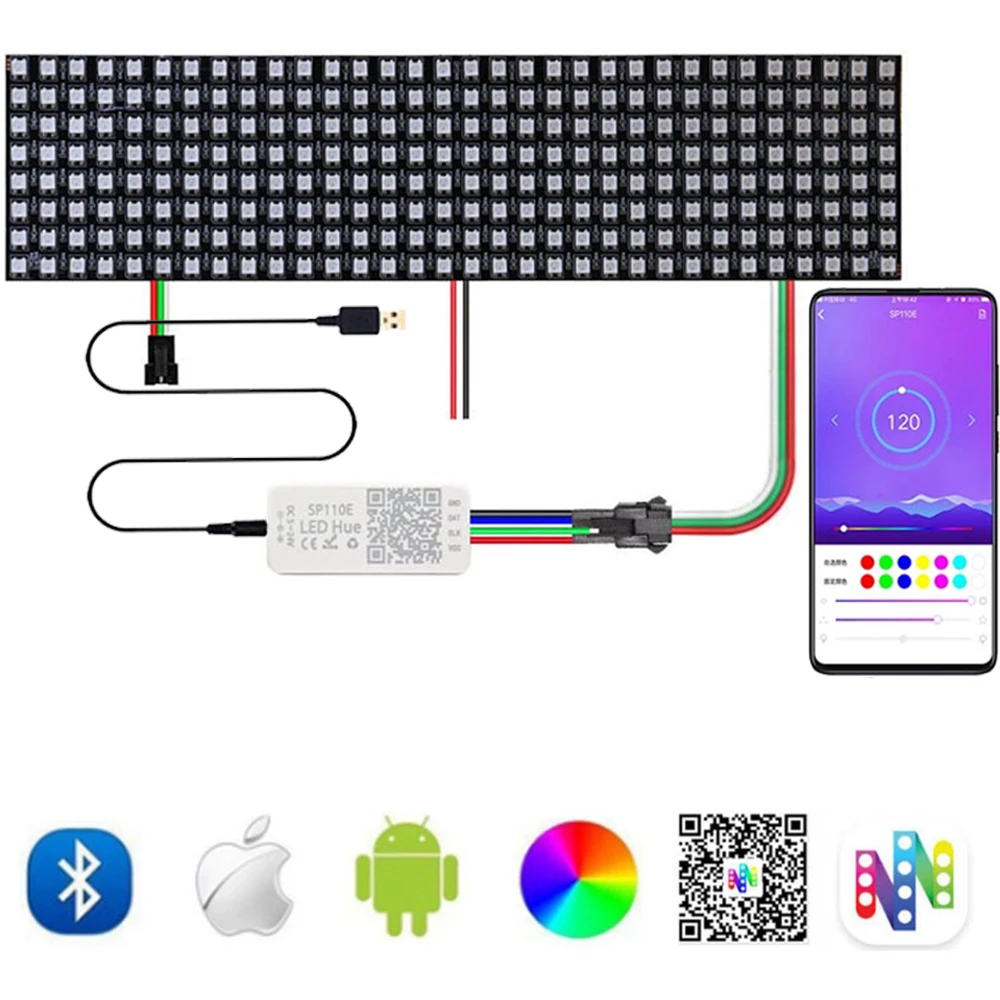 

LED Strip Digital Panel Kit, Matrix Addressable, DC 5V USB Cable, SP110E Bluetooth Controller, WS2812B, 8x8, 16x1, 6, 32x8