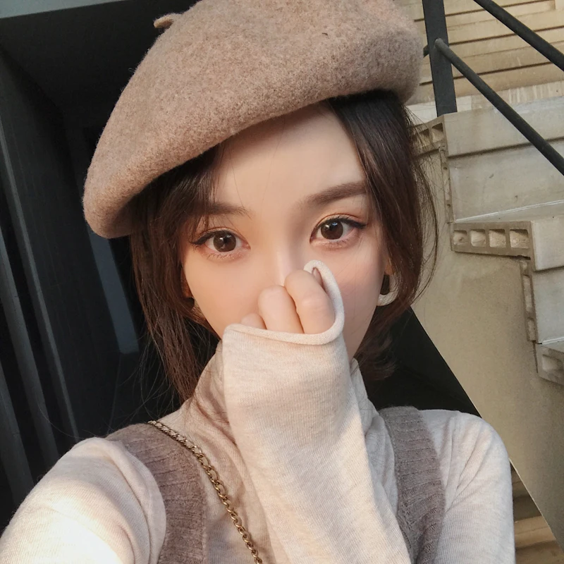 

King Wheat 2021 Autumn And Winter New Wool Solid Color Women Beret Keep Warm Female Lady Hat Purple Green Camel Khaki Girl Cap