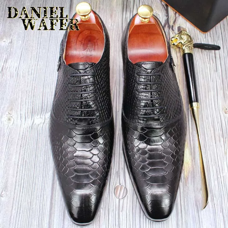 Modische Herren-Lederschuhe mit Schlangenhaut-Aufdruck, klassische Schnürung, Oxford, formell in Wein, Blau, Kaffee, Schwarz – spitze Zehenpartie – Detail 11