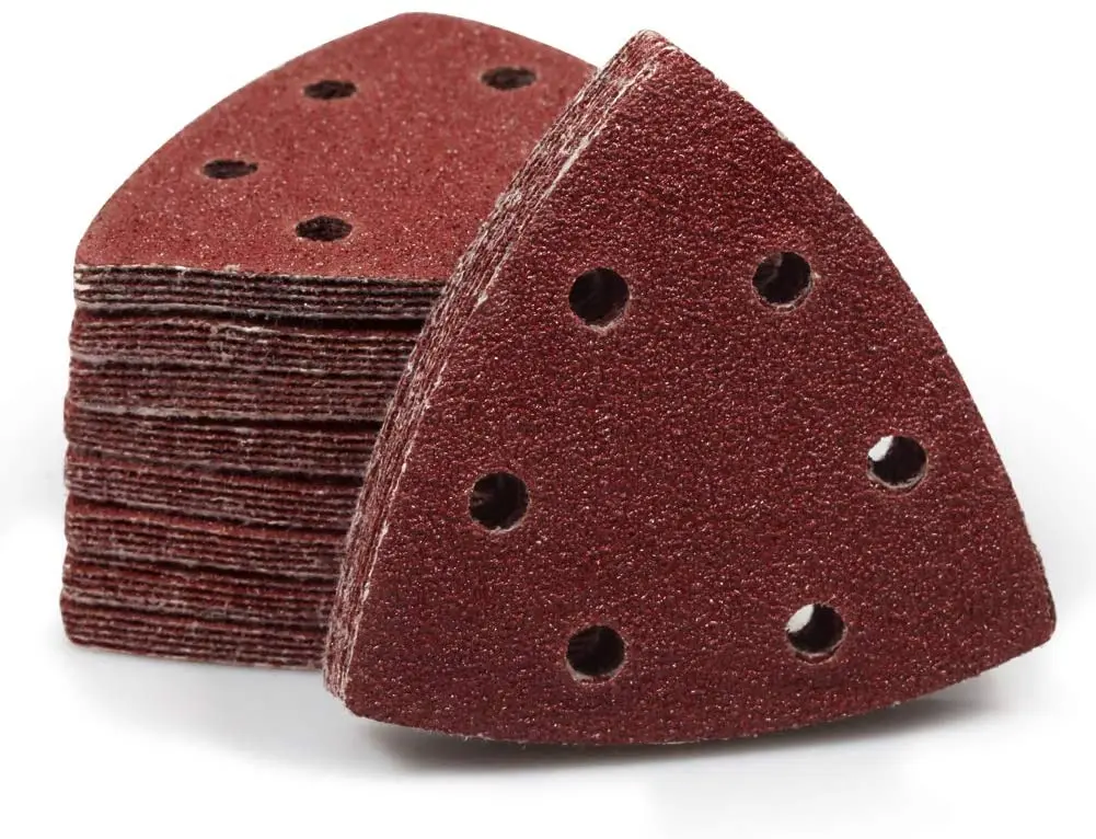 90 Stück dreieckiges Schleifpapier mit Klettverschluss, Körnung 40–1000, 90 mm, 6 Löcher, Schleifscheiben, passend für 3–1/2 Zoll oszillierende Multitools – Detail 1
