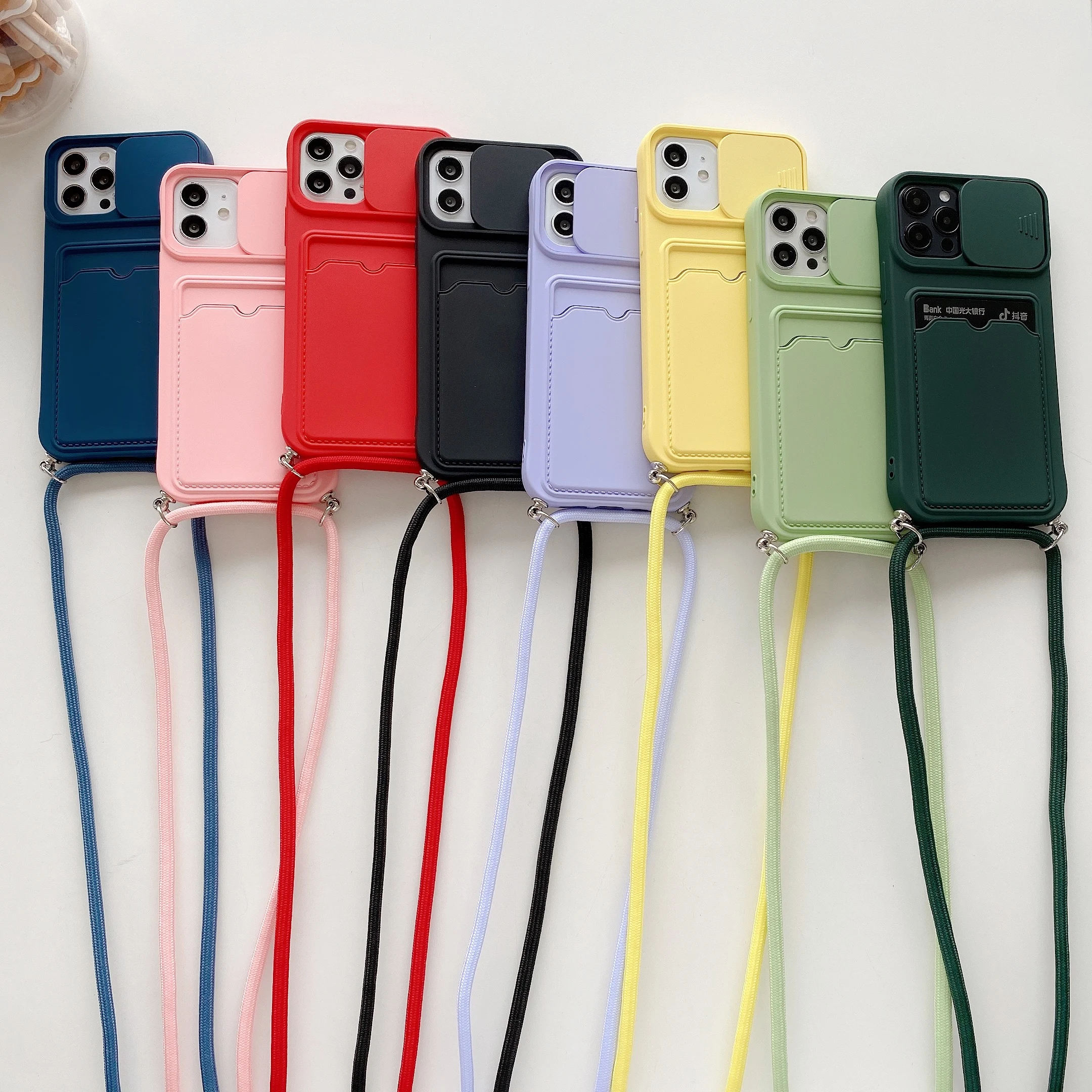 

Necklace Strap Lanyard Cord Liquid Silicone Phone Case For iphone 13 12 MiNi 11 Pro X XR XS Max 7 8 14 15 Plus Card package Case