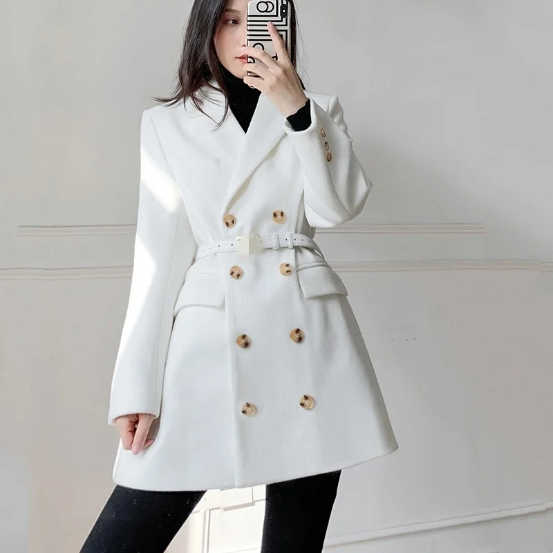 Elegant Fashion White Woolen Coat New Winter Office Ladies Double Breasted Suit Jacket Slim Fit Vintage Designer Women Overcoat