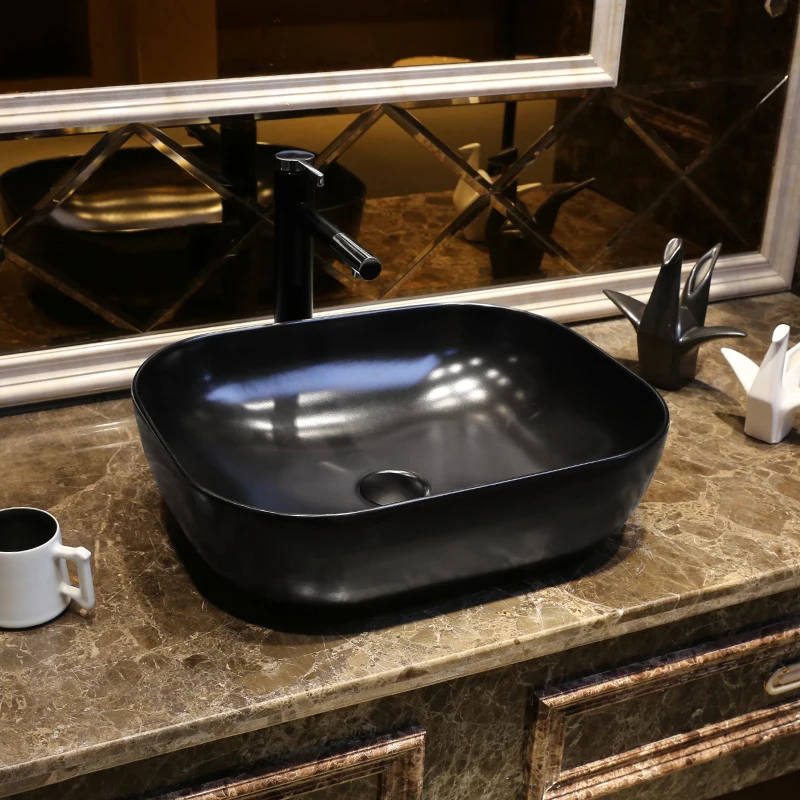 

Rectangular shape Europe style chinese washbasin sink Jingdezhen Art Counter Top ceramic wash basin black bathroom sink