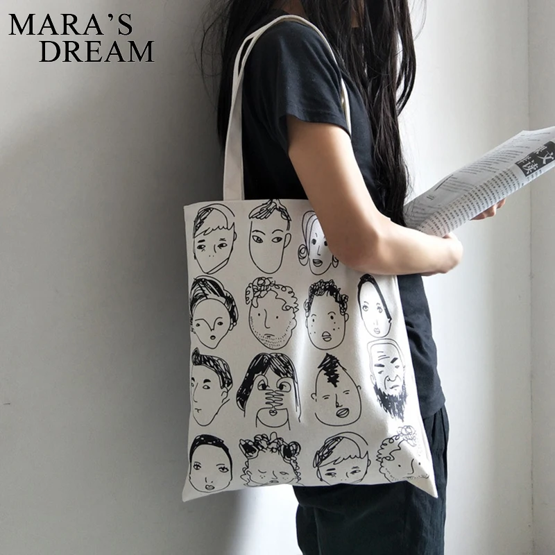 Mara\'s Dream Canvas Tote Bag For Women Graffiti Handbags Funny Cartoon Head Pattern Shopping Bag Student Bags Ladies Casual Bag