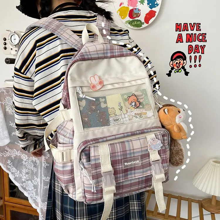 Nette Mädchen Überprüfen Rucksack Frauen Große Kapazität Ins Schule Taschen Für Teens Weiblichen Koreanischen Harajuku Schule Student Bookbag Damen