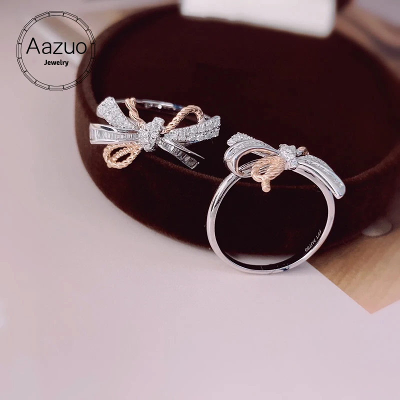 Aazuo Orignal 18K White Gold Rose Gold Real Diamonds Classic Fairy Bowknot Ring Gift For Woman Engagement Birthday