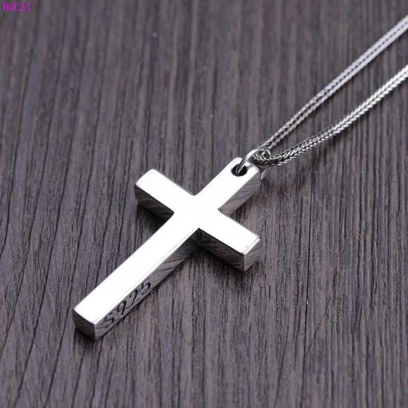 BOCAI 925 Sterling Silver Pendants Simple Fashion Cross Charm Dangle Jewelry Men's  Women's Pure Argentum Jesus Christ Amulet