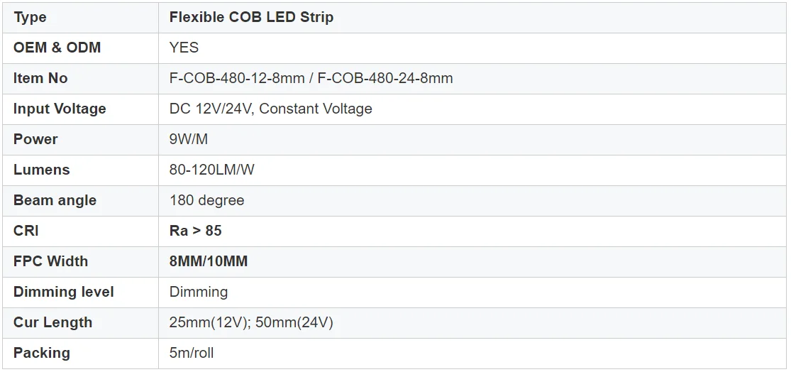 DC12V COB-LED-Streifenleuchte 480 LEDs CE RoHS flexibles Licht COB-LED-Streifenleuchte für Küchenschränke – Detail 2