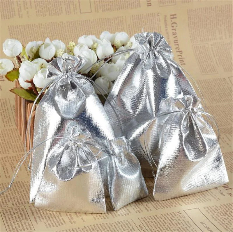 50pcs/lot Jewelry Packing Silver Gold Foil Cloth Drawstring Velvet Bag 5x7cm 7x9cm 9x12cm Wedding Jewelry Gift Bags & Pouches