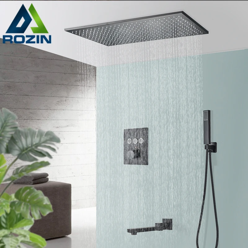 Rozin Matte Black Thermostatic Shower Faucet Concealed Install Bathroom Faucets Ceiling Rainfall Big Size Head Shower Mixer Tap