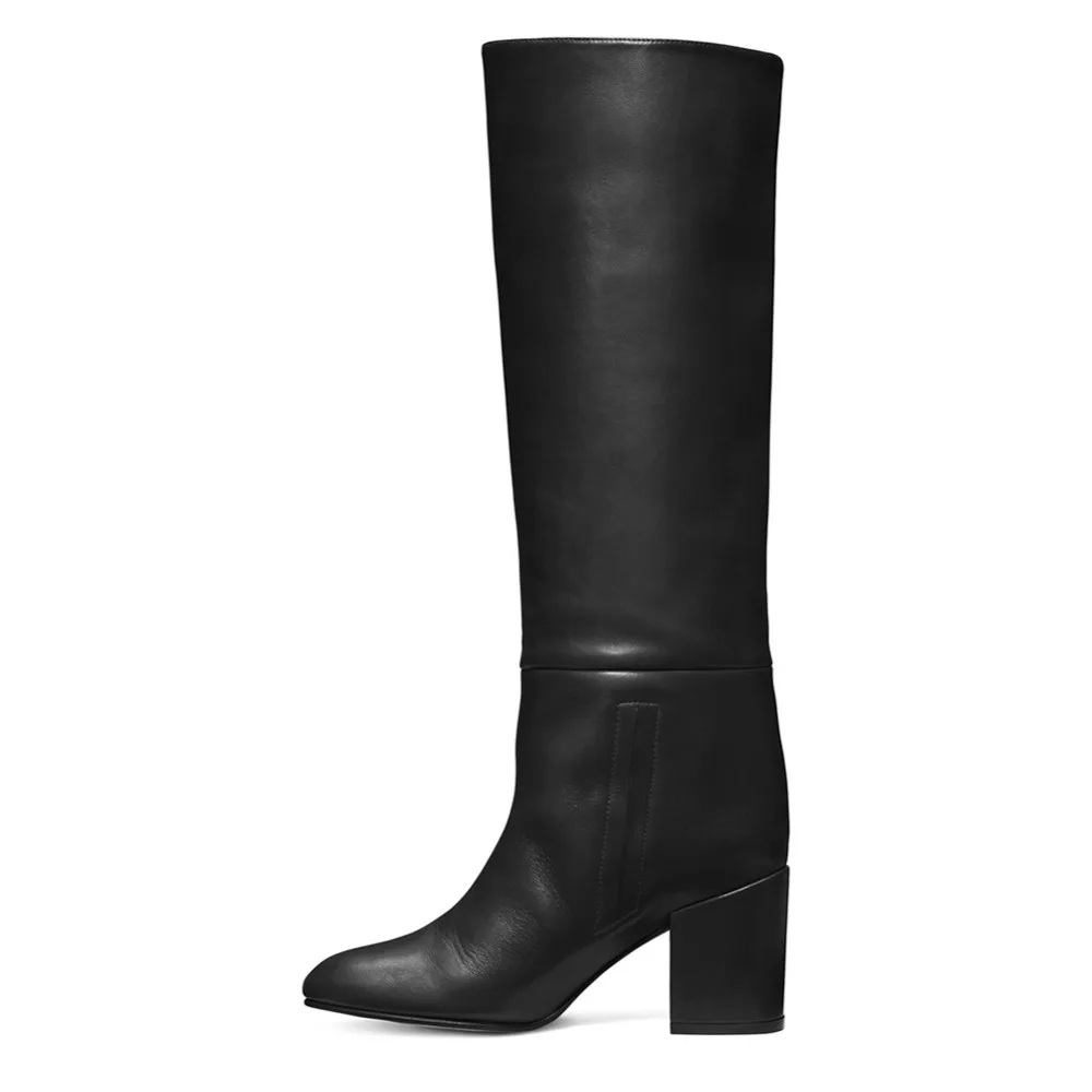 Round Toe Block Heel Knee High Boots for Women Black Mid Heel Slip on Tall Boots Ladies Chunky Winter Shoes  2024 Botas Pretas