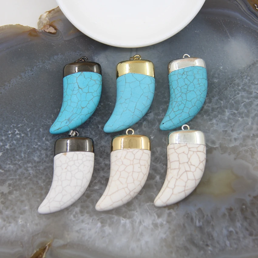 

1pcs Natural Stones Blue/White Turquoise Tooth Point Pendant Charms Golden/Silvery/Gun Black Caps Necklace DIY Jewelry Gift