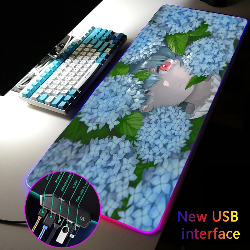 

MRGLZY RGB Gaming Mouse Pad LED 4-Port Bule Mousepad Anime Girl Carpets XXL Large USB Hub Games Computer PC Mouse Mat for Csgo