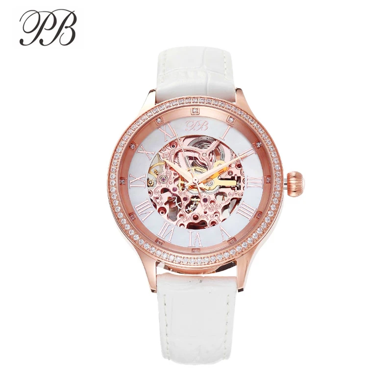 PB montre femme mécanique automatique évider bracelet femme en cuir cristal quartz étanche luxe