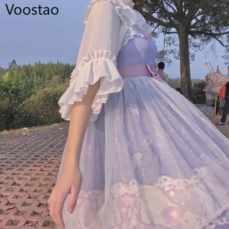 Japanese Sweet Lolita Dress Soft Girl Cute Cartoon Cat Print Jsk Lolita Dress Women Harajuku Chic Lace Tulle Bow Tea Party Dress